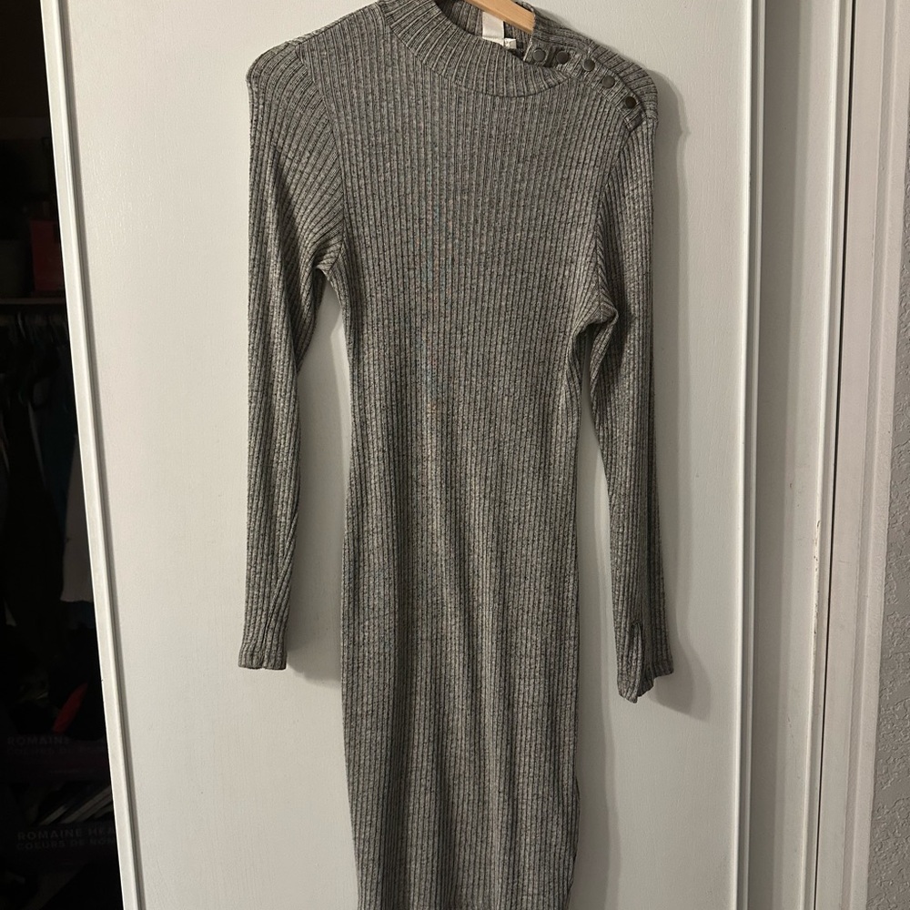 Chic Long Sleeve Gray Ribbed Dress